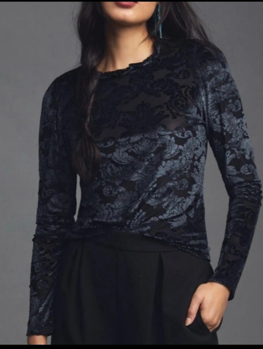 Anthropologie Black Velvet Burnout Lace-Up Back Top Sz.XL Euc! - Picture 2 of 6